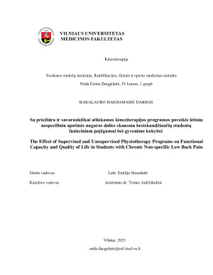 Su priežiūra ir savarankiškai atliekamos kineziterapijos programos poveikis lėtiniu nespecifiniu apatinės nugaros dalies skausmu besiskundžiančių studentų funkciniam pajėgumui bei gyvenimo kokybei