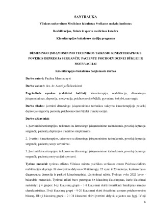 Dėmesingo įsisąmoninimo technikos taikymo kineziterapijoje poveikis depresija sergančių pacientų psichoemocinei būklei ir motyvacijai. Paveikslėlis 5