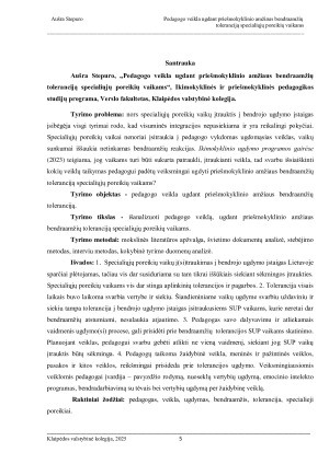 PEDAGOGO VEIKLA UGDANT PRIEŠMOKYKLINIO AMŽIAUS BENDRAAMŽIŲ TOLERANCIJĄ SPECIALIŲJŲ POREIKIŲ VAIKAMS. Paveikslėlis 5