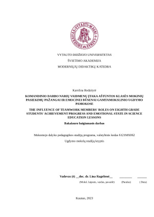 Komandinio darbo narių vaidmenų įtaka mokinių pasiekimų pažangai ir emocinei būsenai gamtamokslinio ugdymo pamokose
