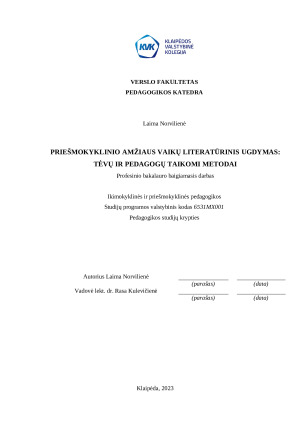 Priešmokyklinio amžiaus vaikų literatūrinis ugdymas: tėvų ir pedagogų taikomi metodai